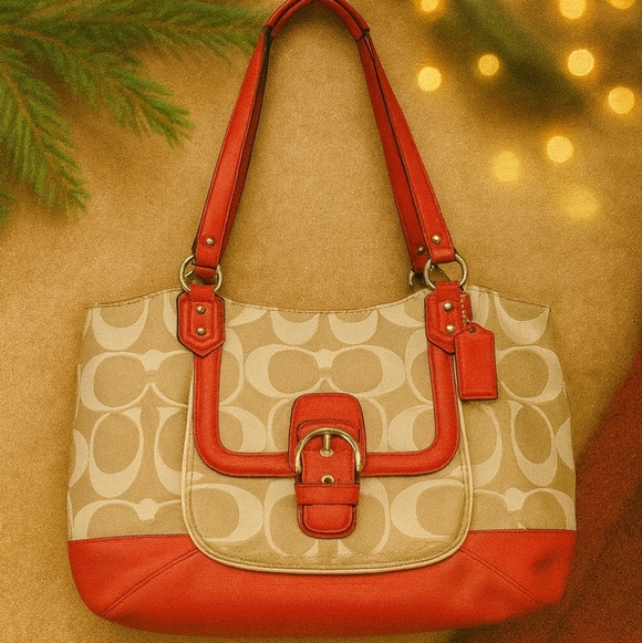 Coach Handbags - Coach Campbell Signature Belle Carryall Tote – Khaki & Pomegranate Pink Leather